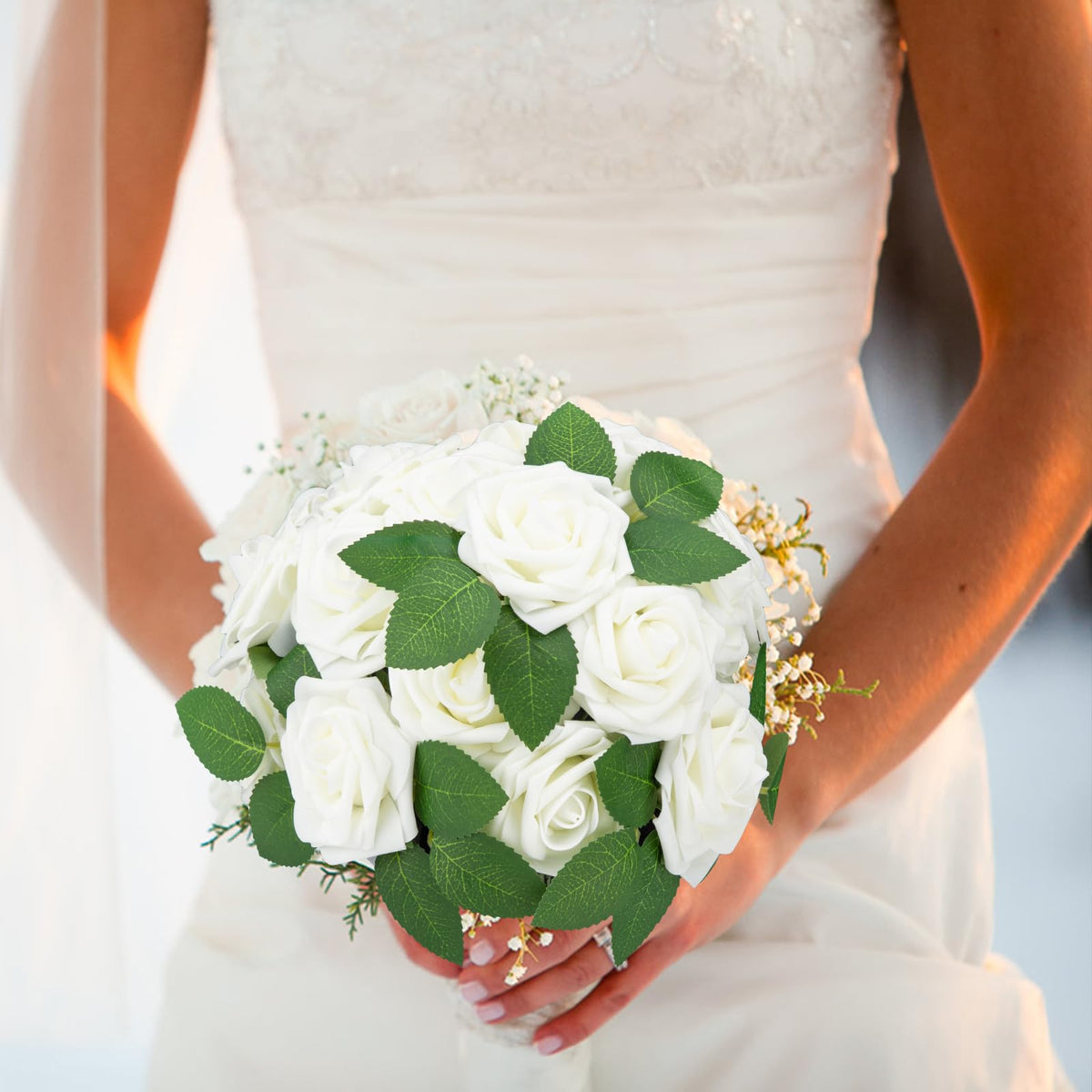 100Pcs Artificial Flowers Real Looking Ivory Foam Fake Roses