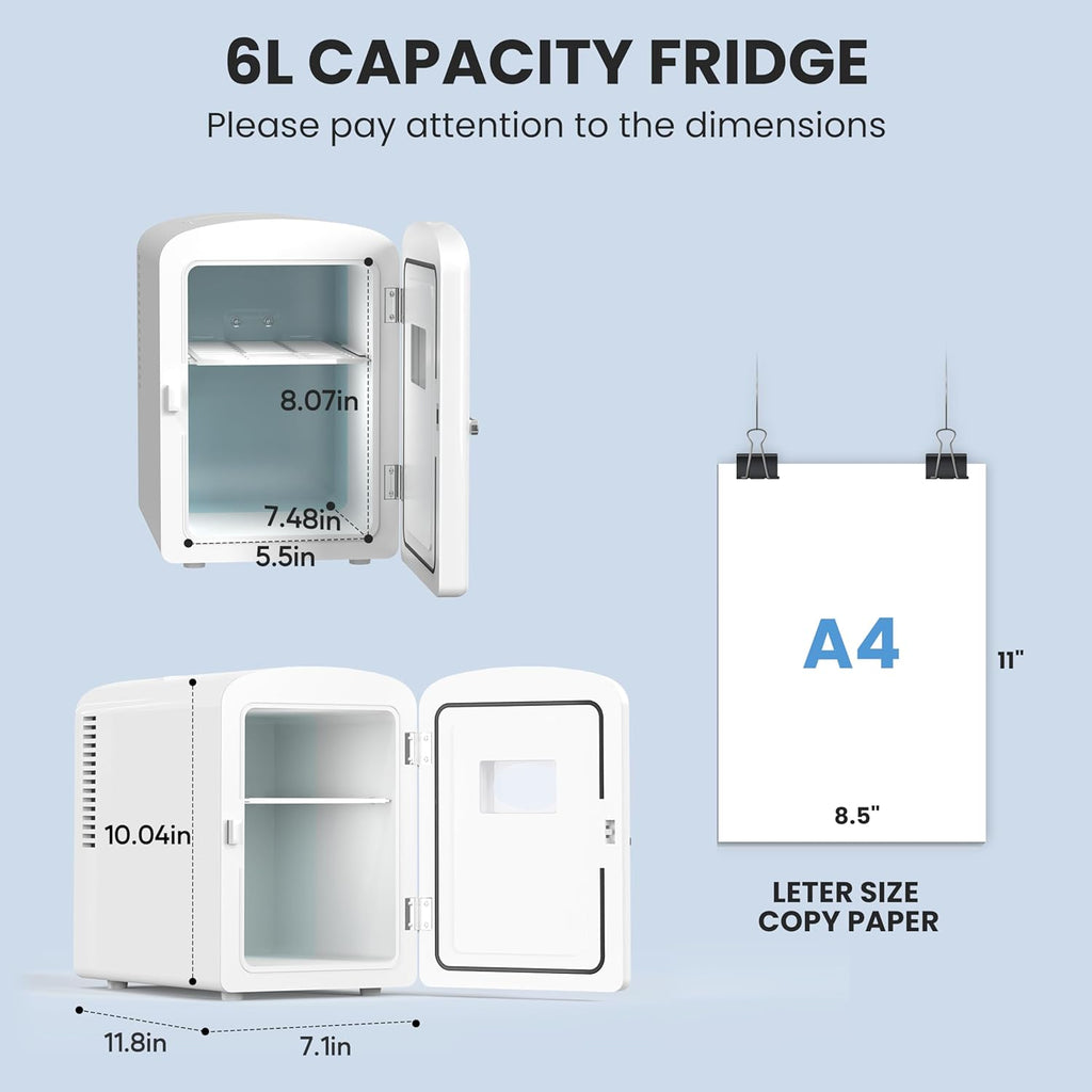 Mini Fridge, 6L/9 Can Skincare Beverage Small Refrigerator for Bedroom, Office, Dorm, Car, 100% Freon-Free Cooler and Heater Compact Refrigerators with Observation Window, White