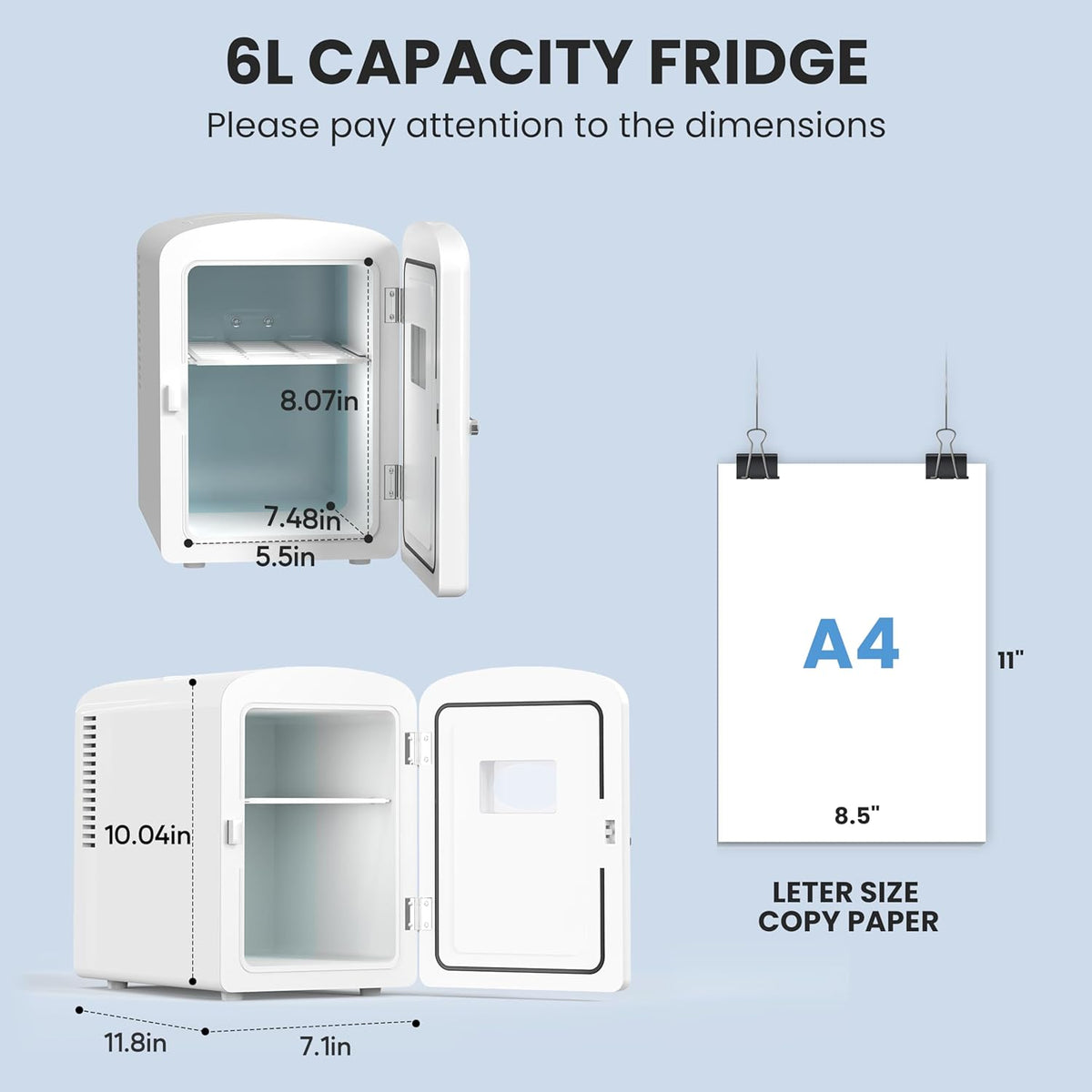 Mini Fridge, 6L/9 Can Skincare Beverage Small Refrigerator for Bedroom, Office, Dorm, Car, 100% Freon-Free Cooler and Heater Compact Refrigerators with Observation Window, White