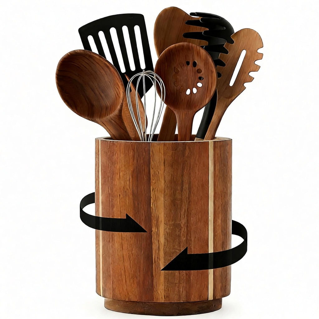 360° Rotating Acacia Wood Kitchen Utensil Holder, Large Capacity Countertop Cooking‐Tool Organizer with Non‐Slip Base