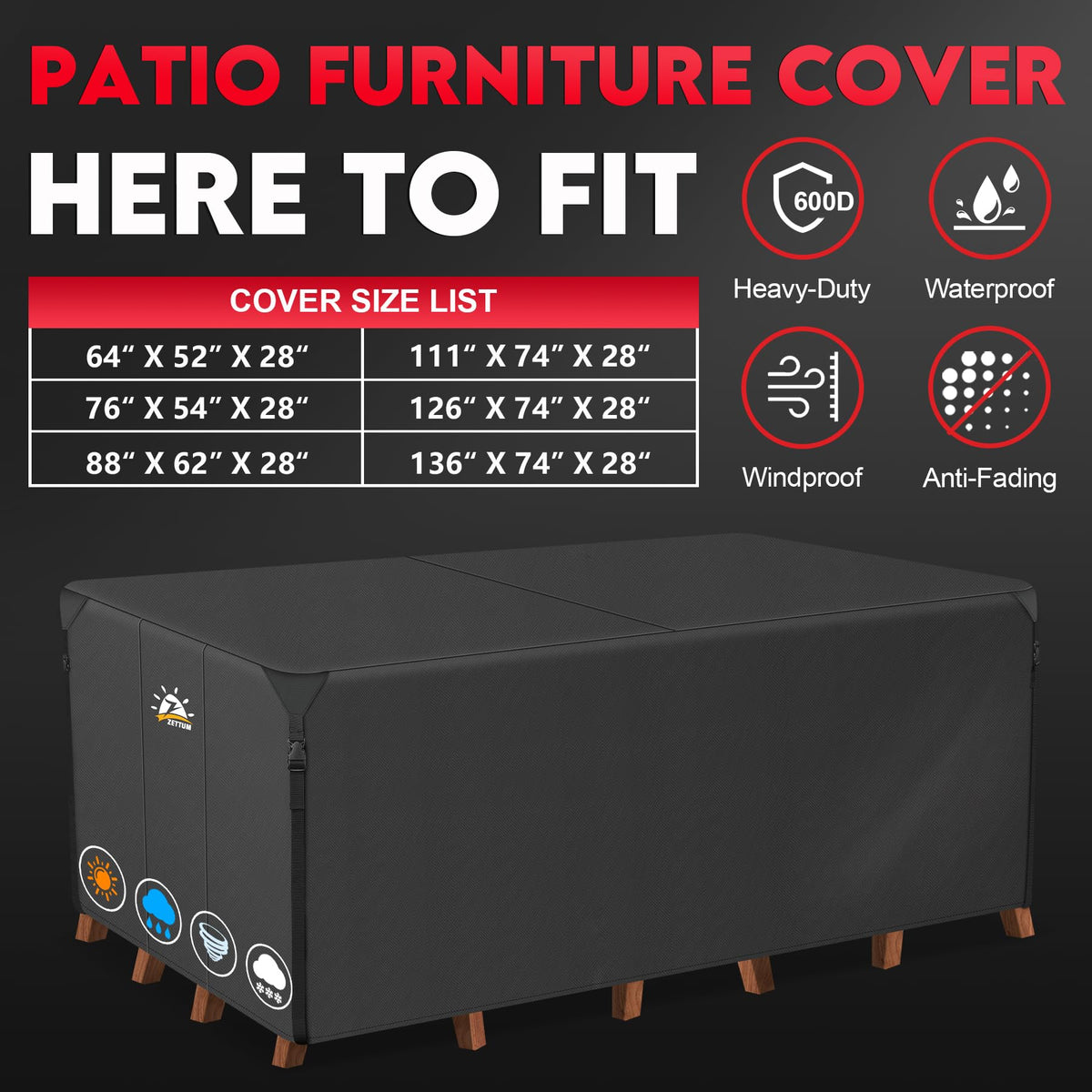 Patio Furniture Cover Rectangle - 600D Outdoor Table Cover Waterproof & Heavy Duty, Lawn Furniture Set Covers for