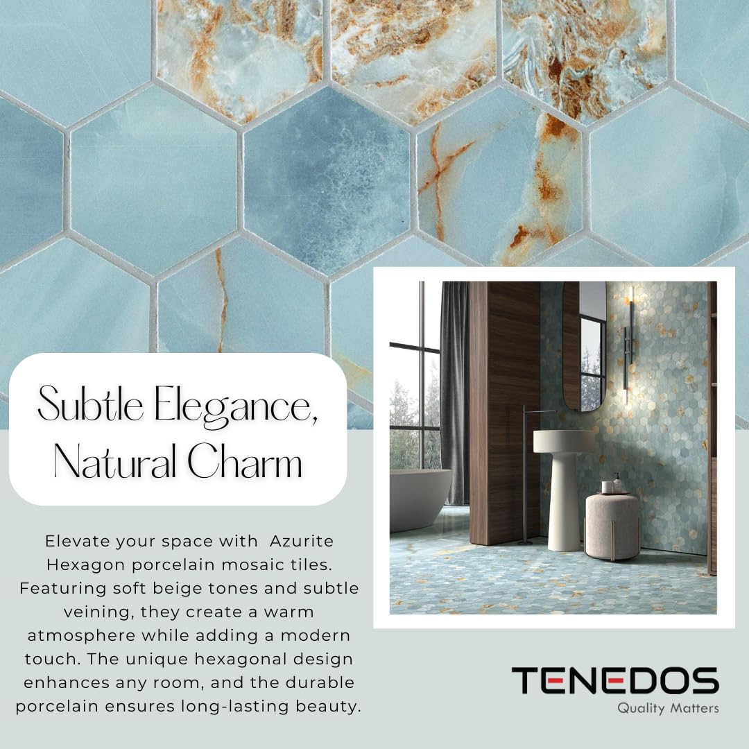 HTC168 Azurite 3" Turquoise Blue Mixed Hexagon Matte Porcelain Mosaic Tile - Marble Look, Ideal for Backsplash