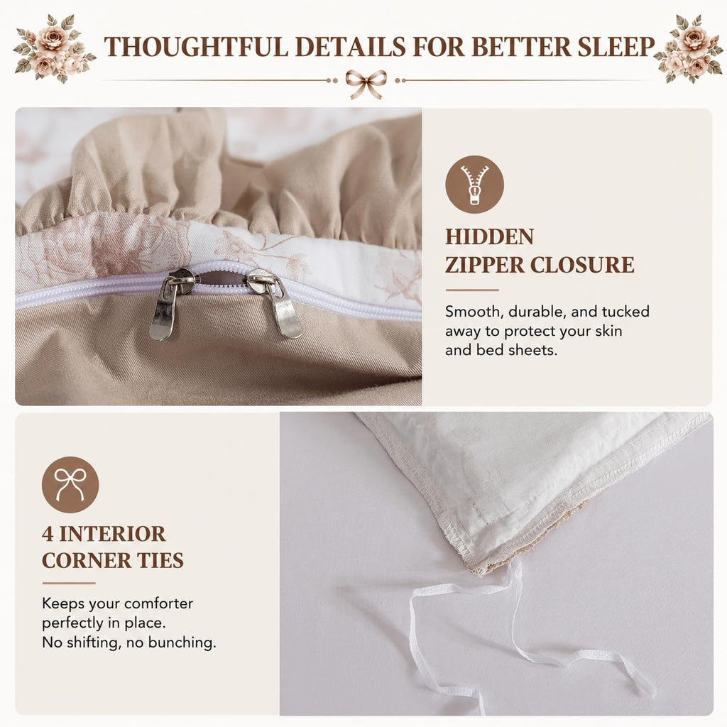Ruffled Duvet Cover Set, 100% Cotton Brown Floral Bedding