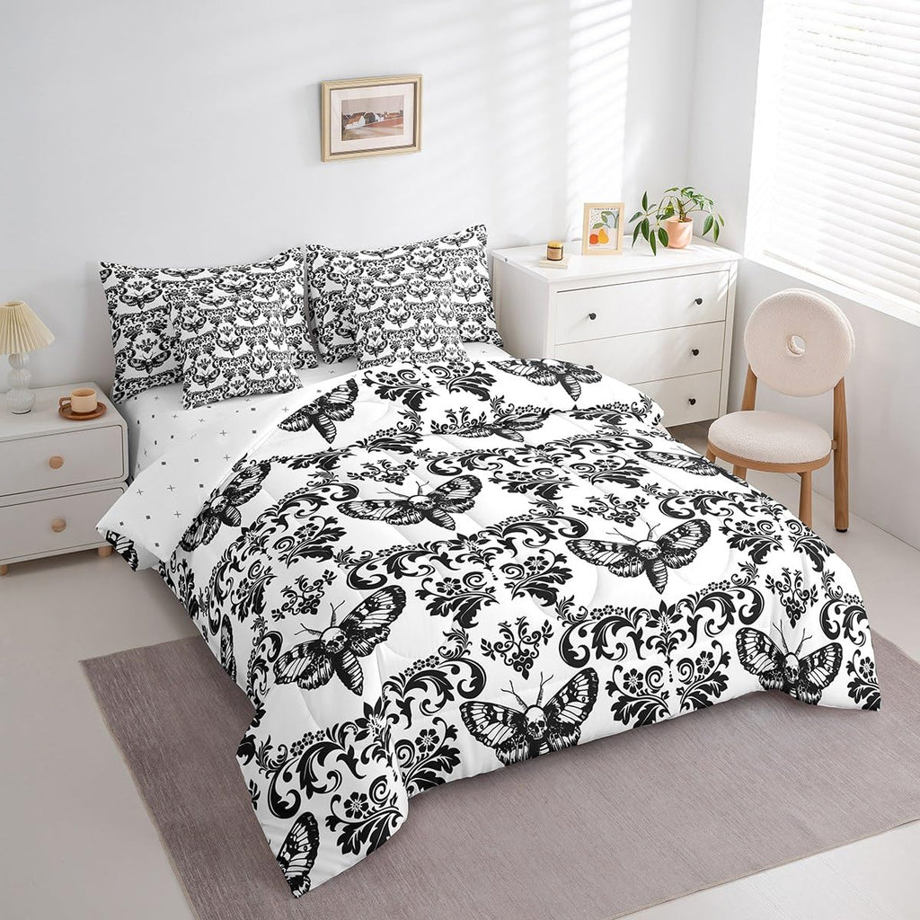Gothic Bed in A Bag 7 Piece Black White Moth Goth Queen Comforter Set with Sheets Vintage Damask Boho Bedding Sets