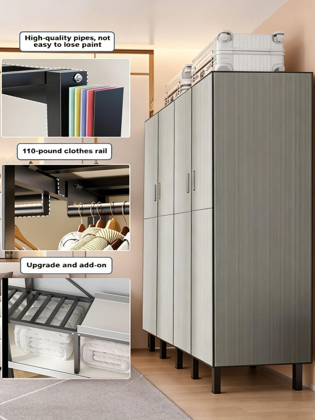 49.2in Heavy Duty Clothes Rack with Magnetic Door 1300LBS Foldable Portable Wardrobe Closet for Hanging Clothing