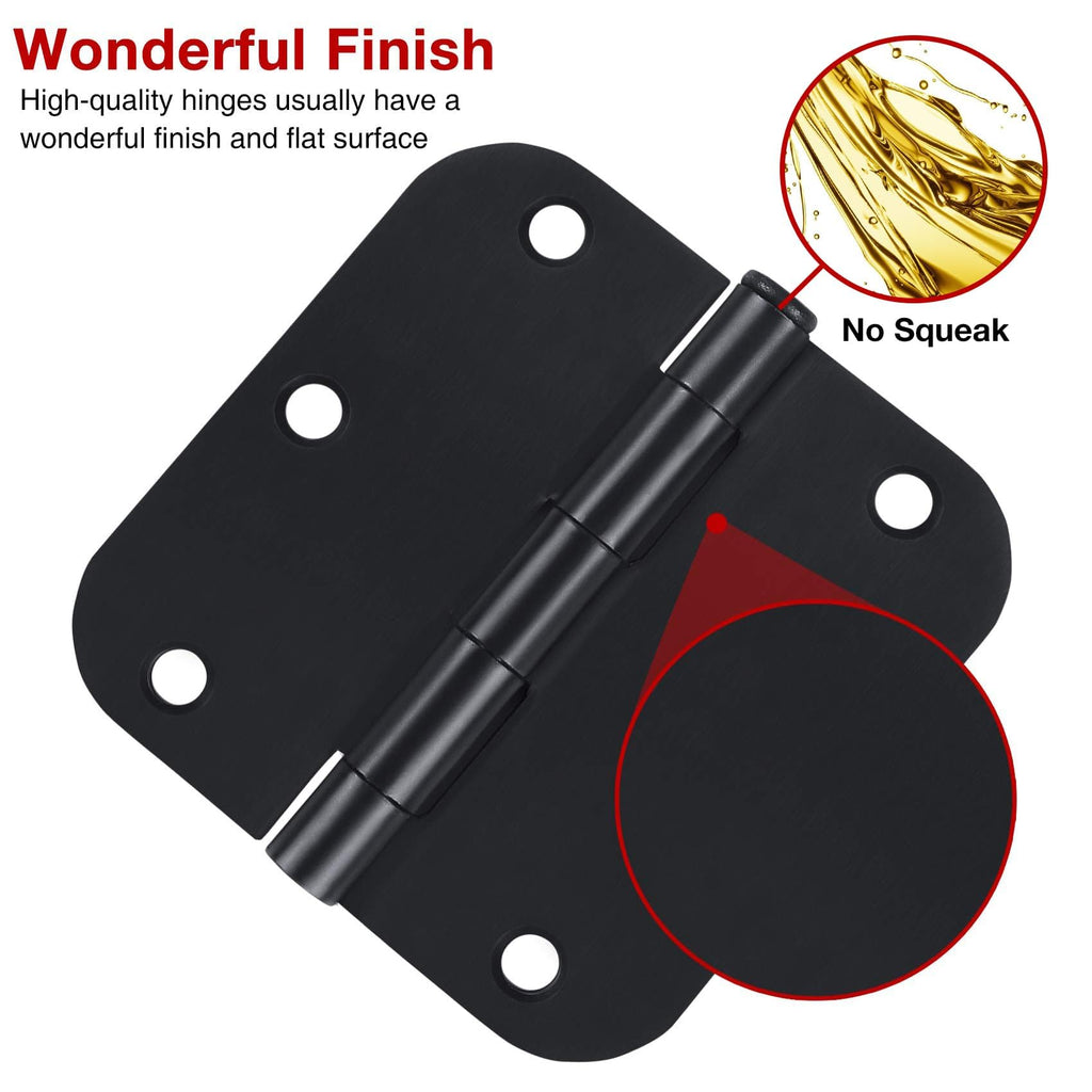 12 Pack Rounded Matte Black Door Hinges 3.5 Inch with 5/8" Radius Corners