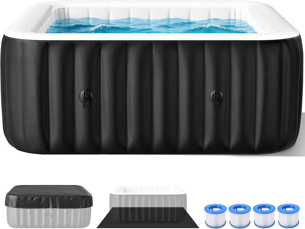 Inflatable Blow Up Hot Tub, 4-6 Person Square Portable Hot Tub, Leak-Proof PVC Outdoor Spa with 130 Strong Air Jets