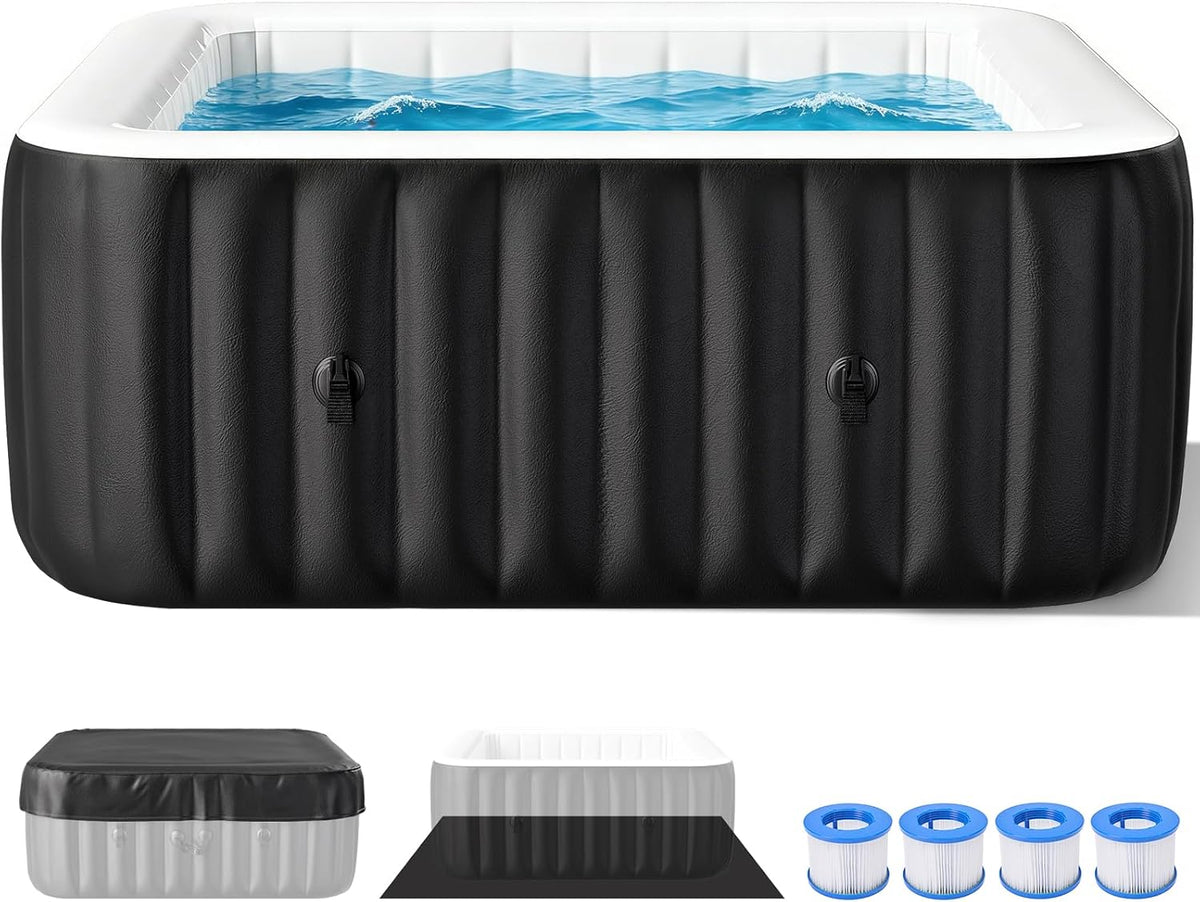 Inflatable Blow Up Hot Tub, 4-6 Person Square Portable Hot Tub, Leak-Proof PVC Outdoor Spa with 130 Strong Air Jets