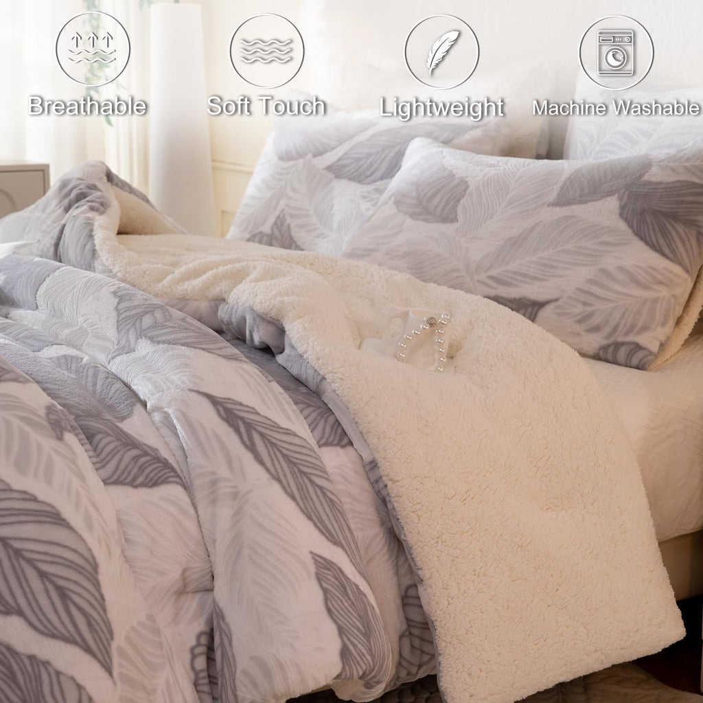 Tufted Fleece Comforter Set - Super Soft Warm Fluffy Shaggy Bedding Sets, Leaves Jacquard Bed Set for Winter, 1