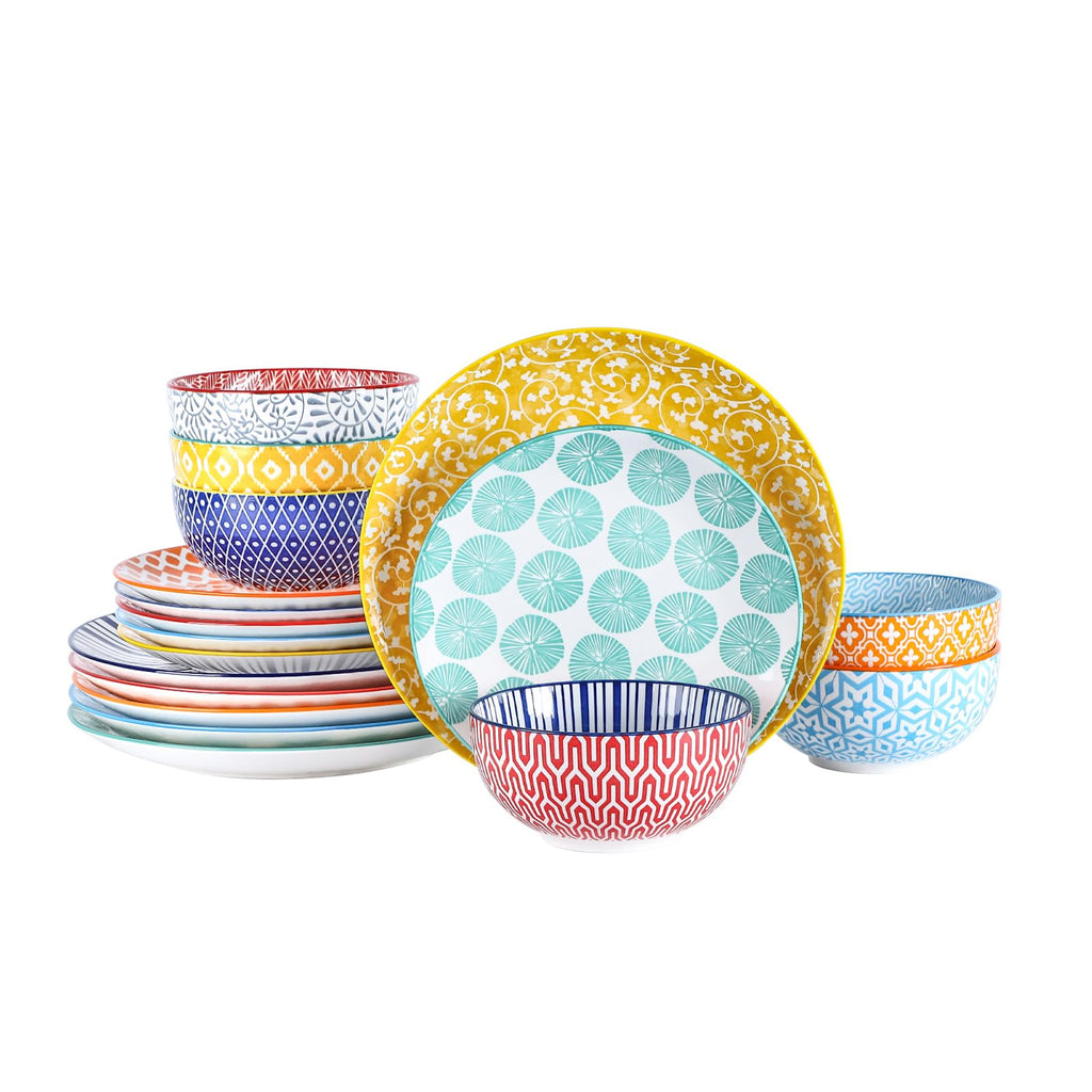 Ceramic Dinnerware Sets for 6, 18 Pieces Plates and Bowls Set, Scratch Resistant Dishes Set, Dishwasher&Microwave