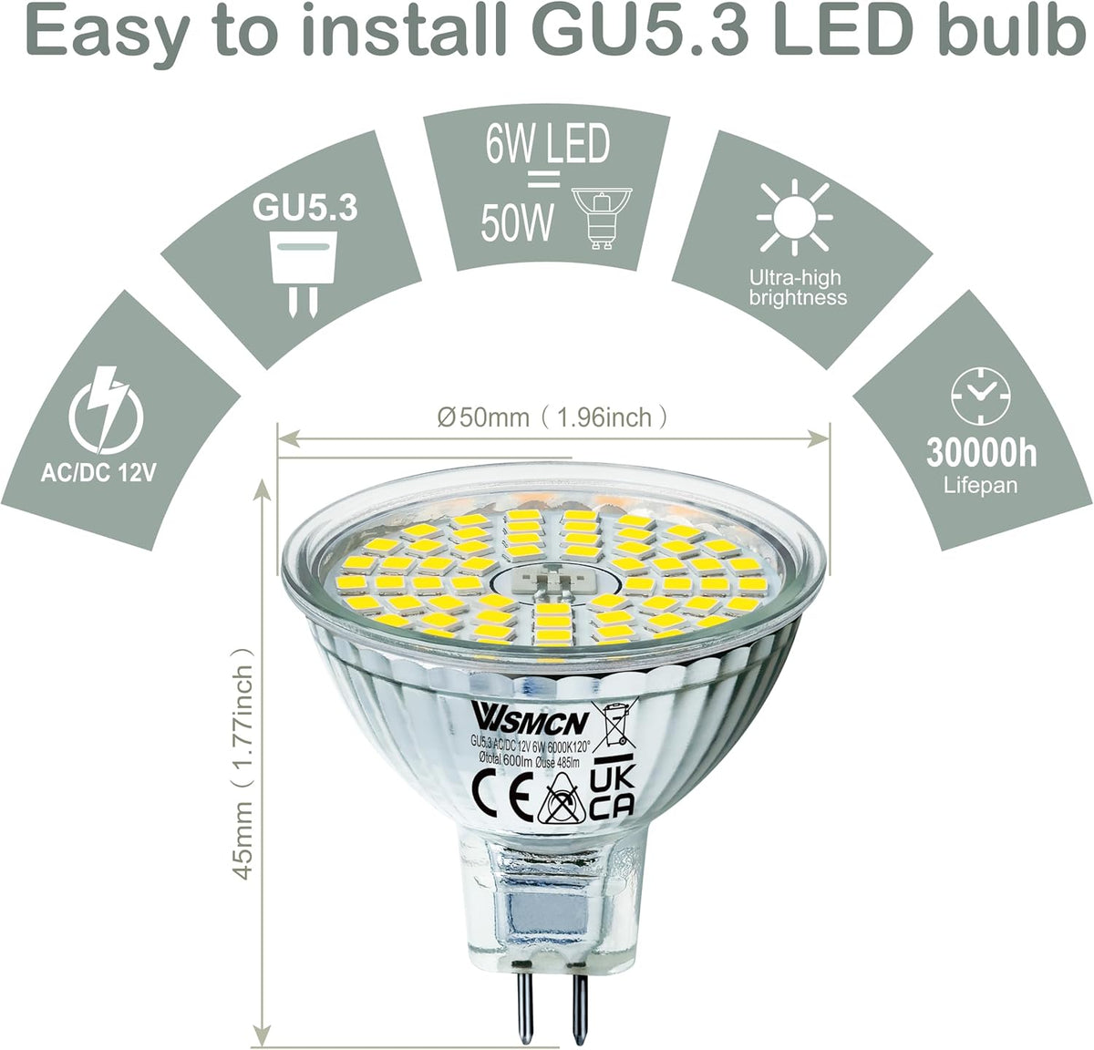 MR16 GU5.3 LED Bulbs 6W Replace 60W Halogen Equivalent 6000K Cool White 485Lm, 12V Low Voltage Non-Dimmable 120°
