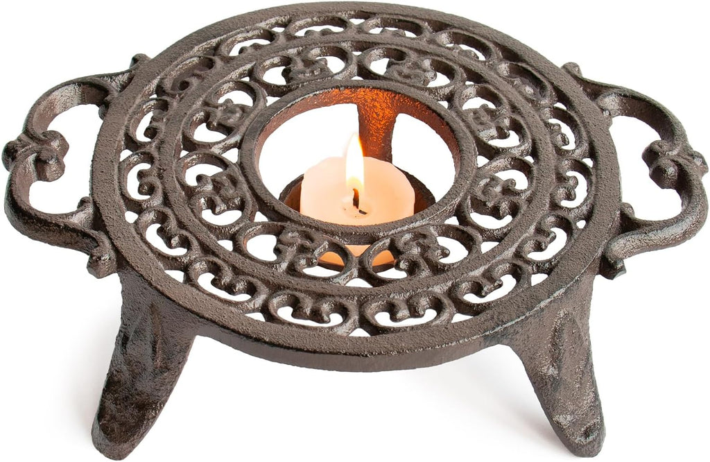9 Inches Cast Iron Teapot Warmer Dish Cups Trivet,Round-Shaped Double Eared Design with Tealight Holder - Heavy Duty