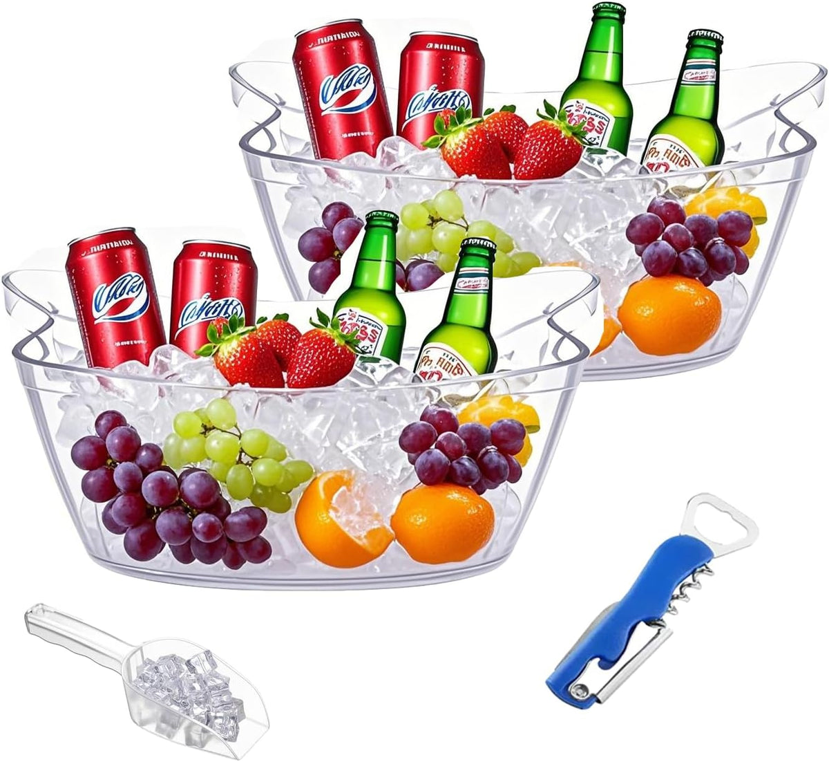 Clear Ice Bucket 6L Acrylic Beverage Tub with Handles & Scoop - Set of 2