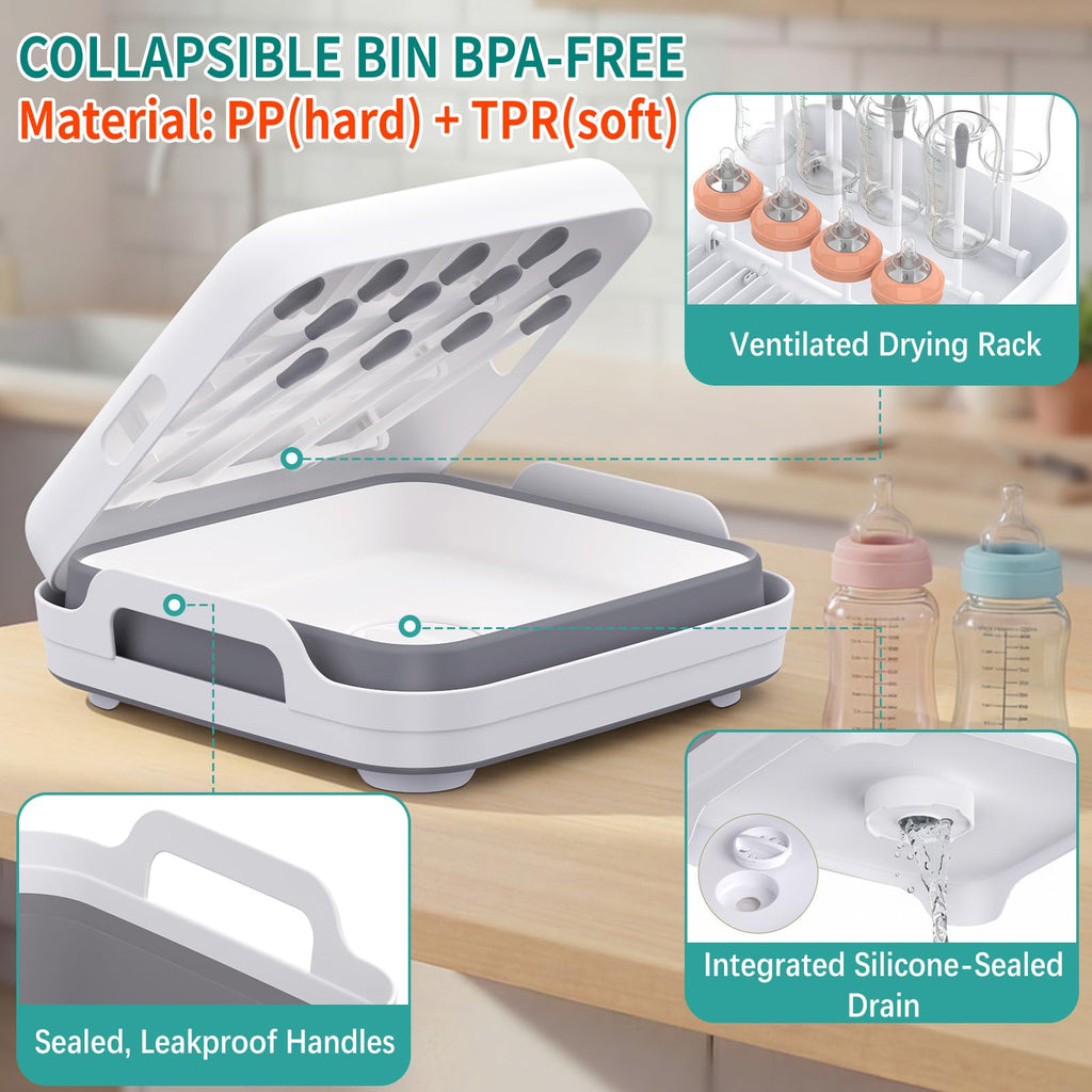 Collapsible Baby Bottle Wash Basin w/Drying Rack & Drain Plug, Gray