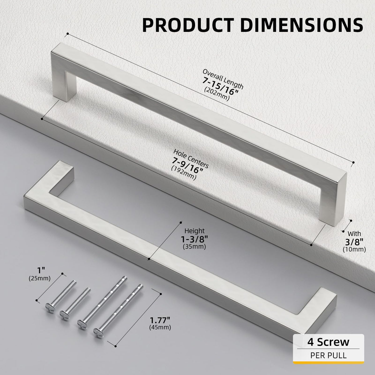 Brushed Nickel Cabinet Pulls 80 Pack 7-1/2 Inch, Square Drawer Handles, Stainless Steel, Screws Included, Silver