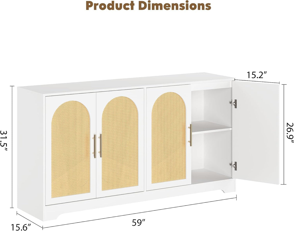59" Rattan Sideboard Buffet Cabinet - Large Storage Cabinet with 4 Doors, Modern Console Table Accent Coffee Bar