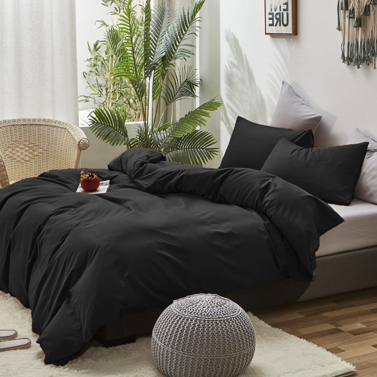 Black Comforters Set Women Men Solid Black Bedding Set Soft Breathable Lightweight Durable