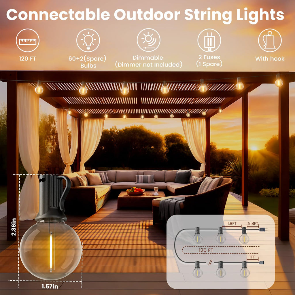 120 FT Outdoor String Lights Waterproof, Patio Light 62 LED Bulbs