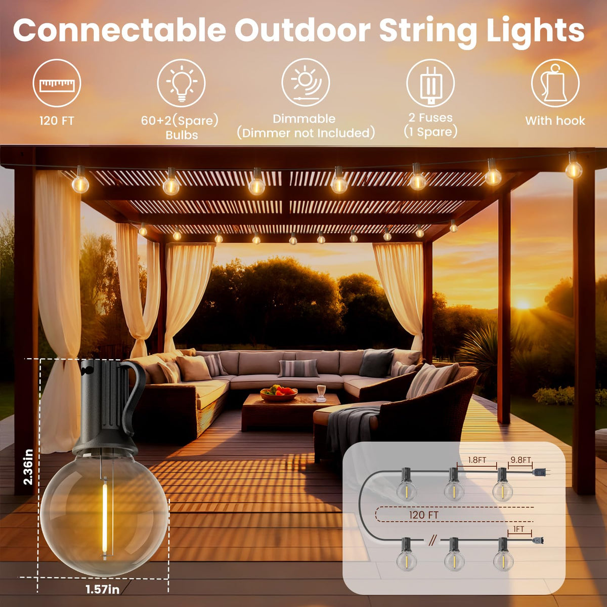 120 FT Outdoor String Lights Waterproof, Patio Light 62 LED Bulbs