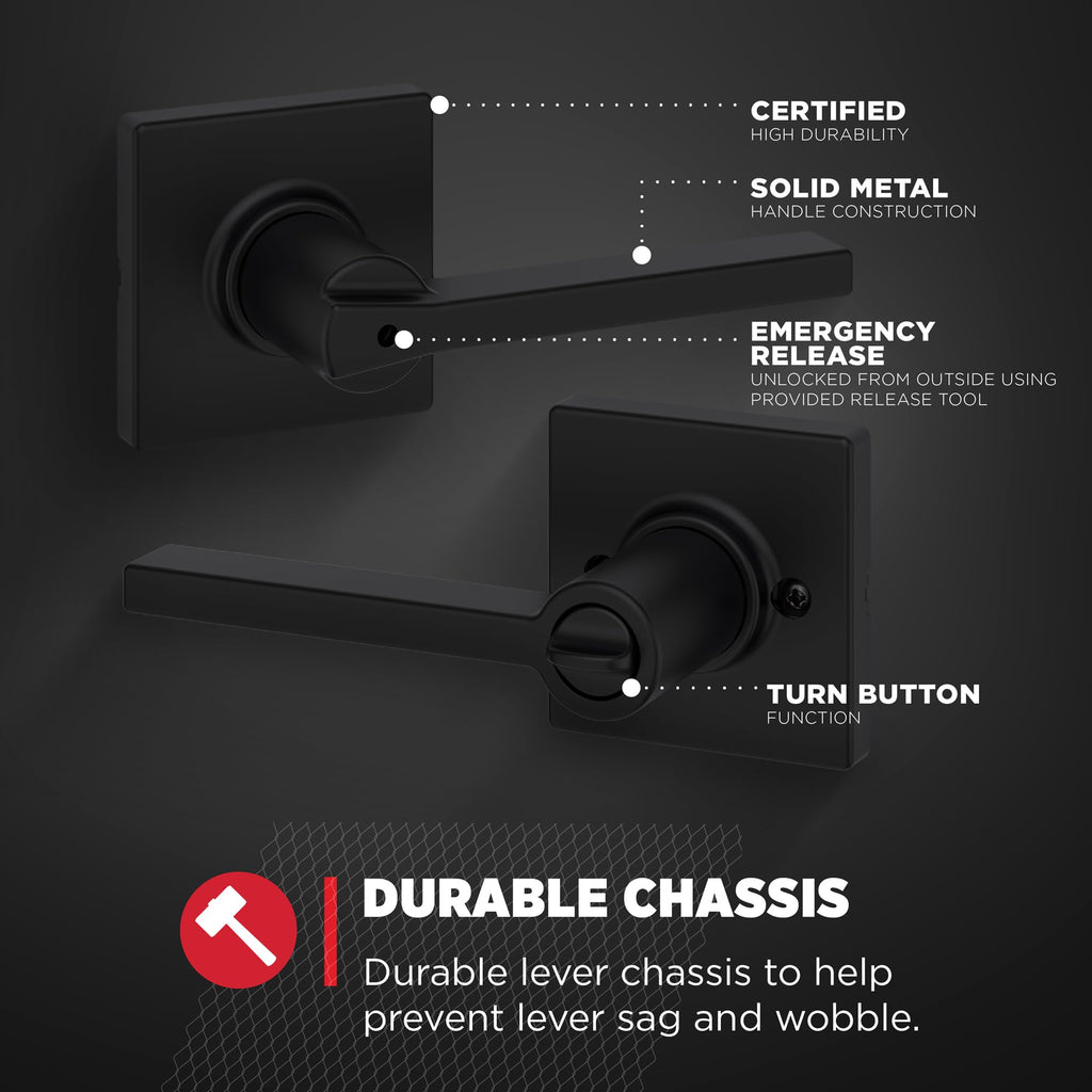 Casey Interior Privacy Door Handle with Lock 4 Pack, Door Lever , Matte Black Reversible Keyless Turn Lock, with