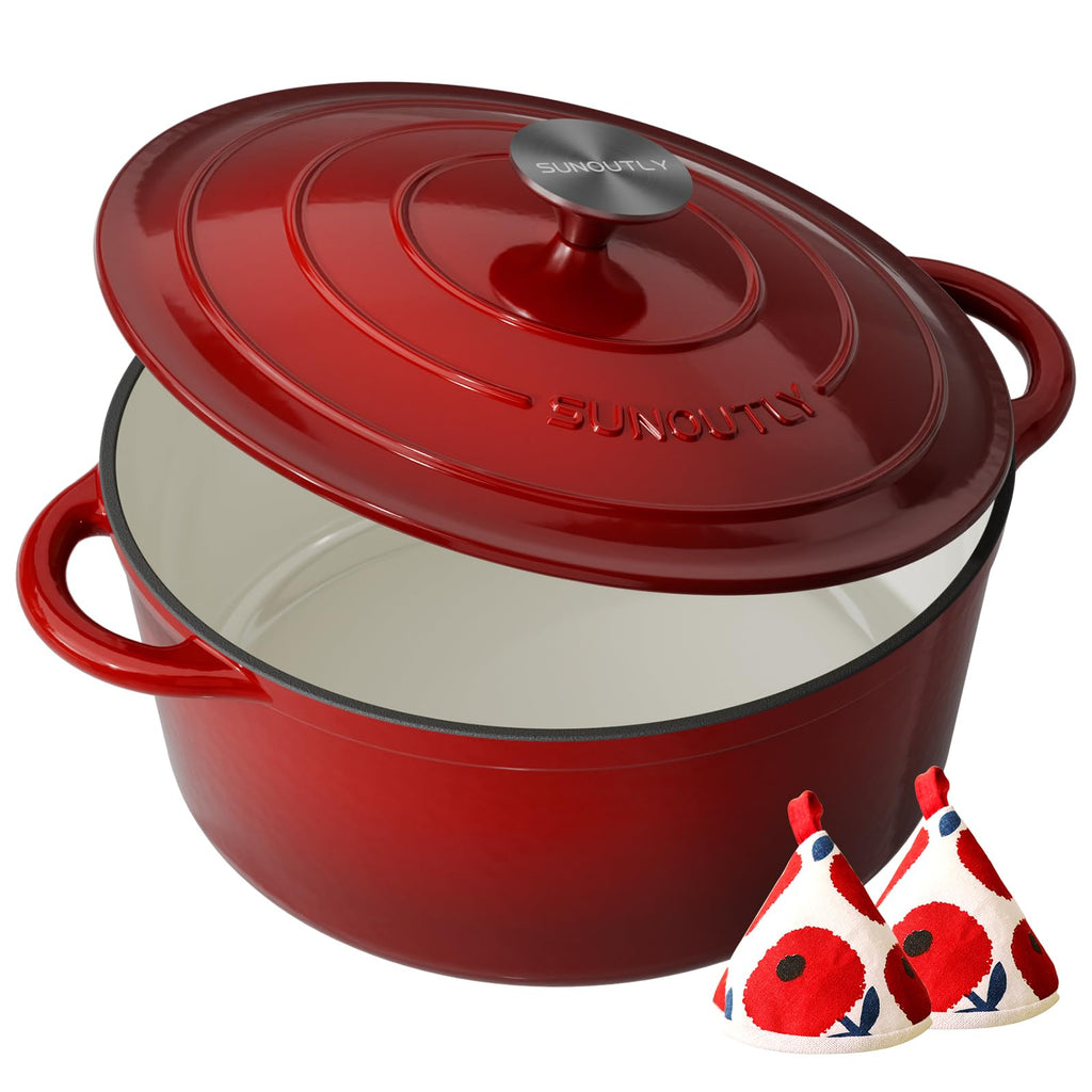 Enameled Cast Iron Dutch Oven, 6QT Pot with Lid, Cherry Red