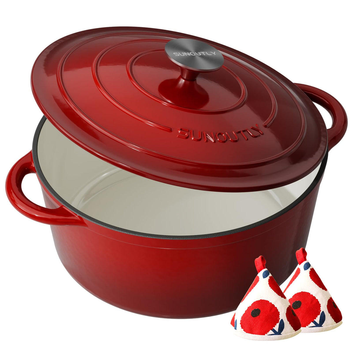 Enameled Cast Iron Dutch Oven, 6QT Pot with Lid, Cherry Red
