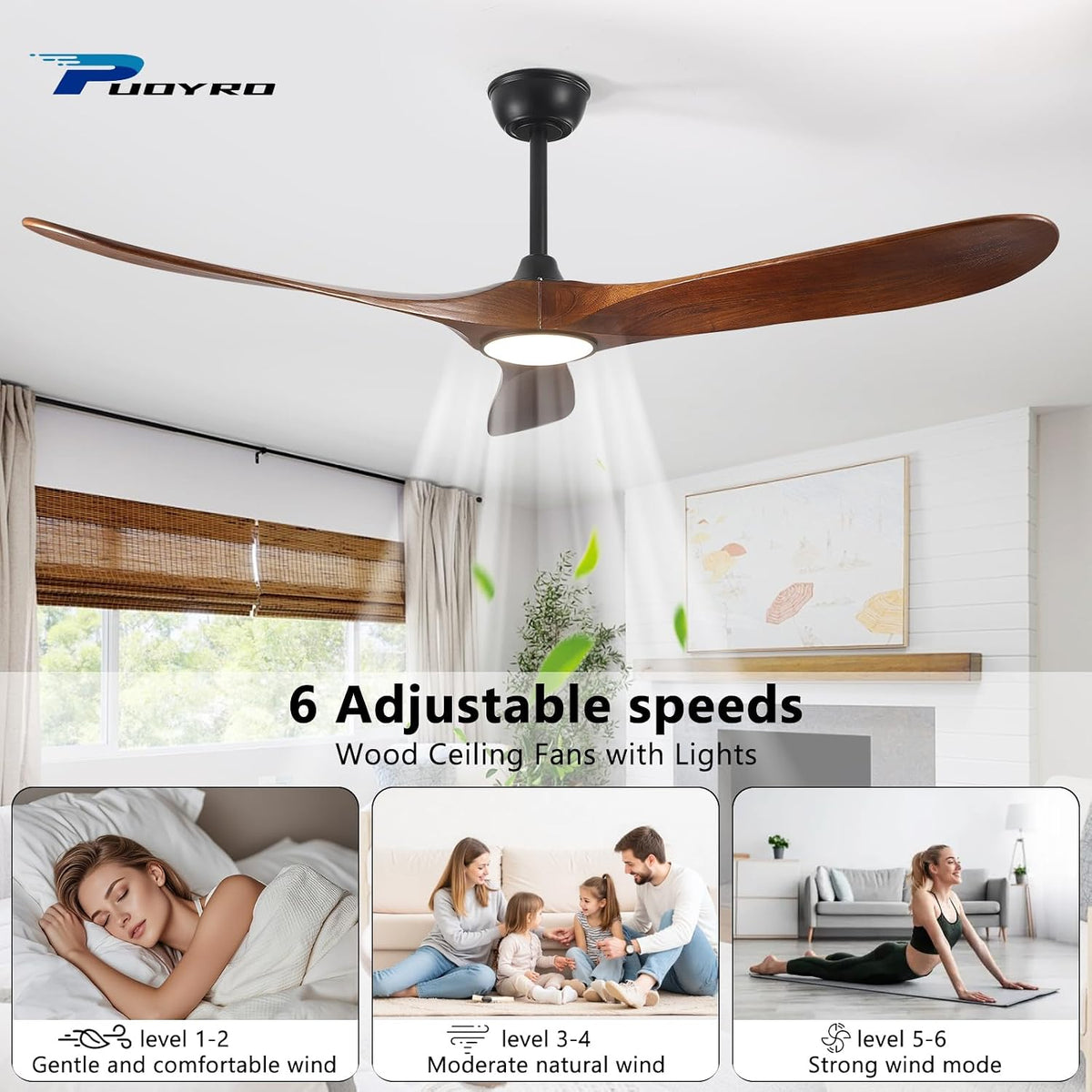 52" Wood Outdoor Ceiling Fan with Light & Remote