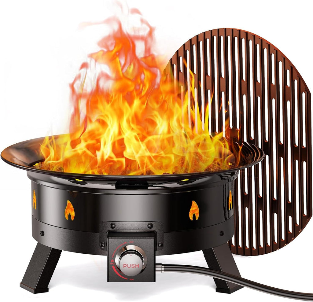 21 Inch Propane Fire Pit with Grill Grate, Folding Legs, 58, 000 BTU, Black, Metal, Round, Compatible with Propane