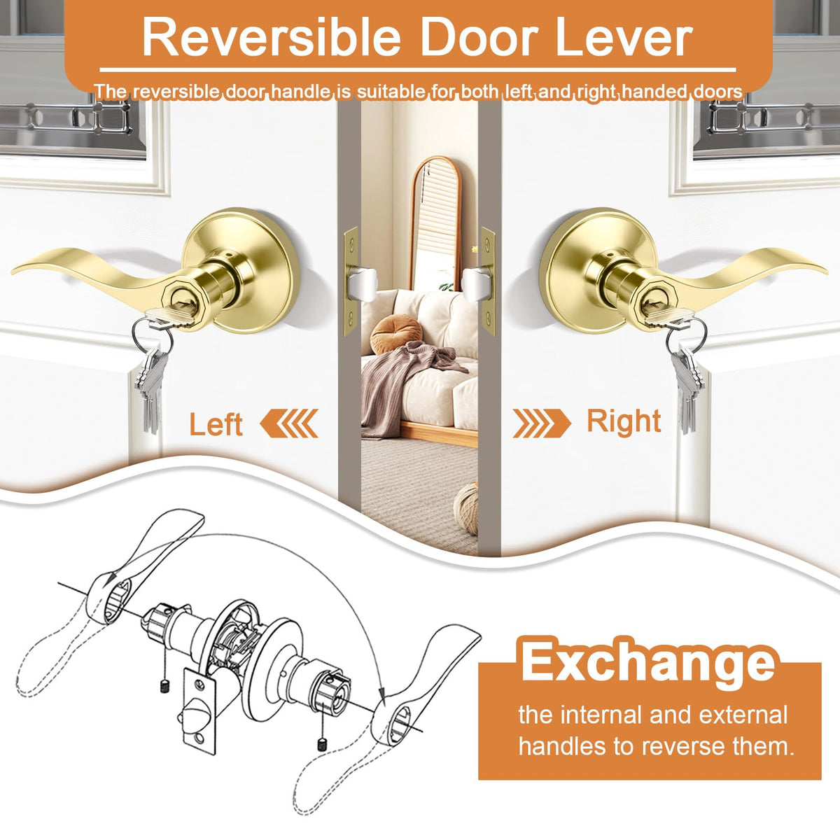 Door Handles Exterior Door Lock Set, Brass Gold Front Door Handle, Entry Door Lever Keyed Alike, 6 Pack