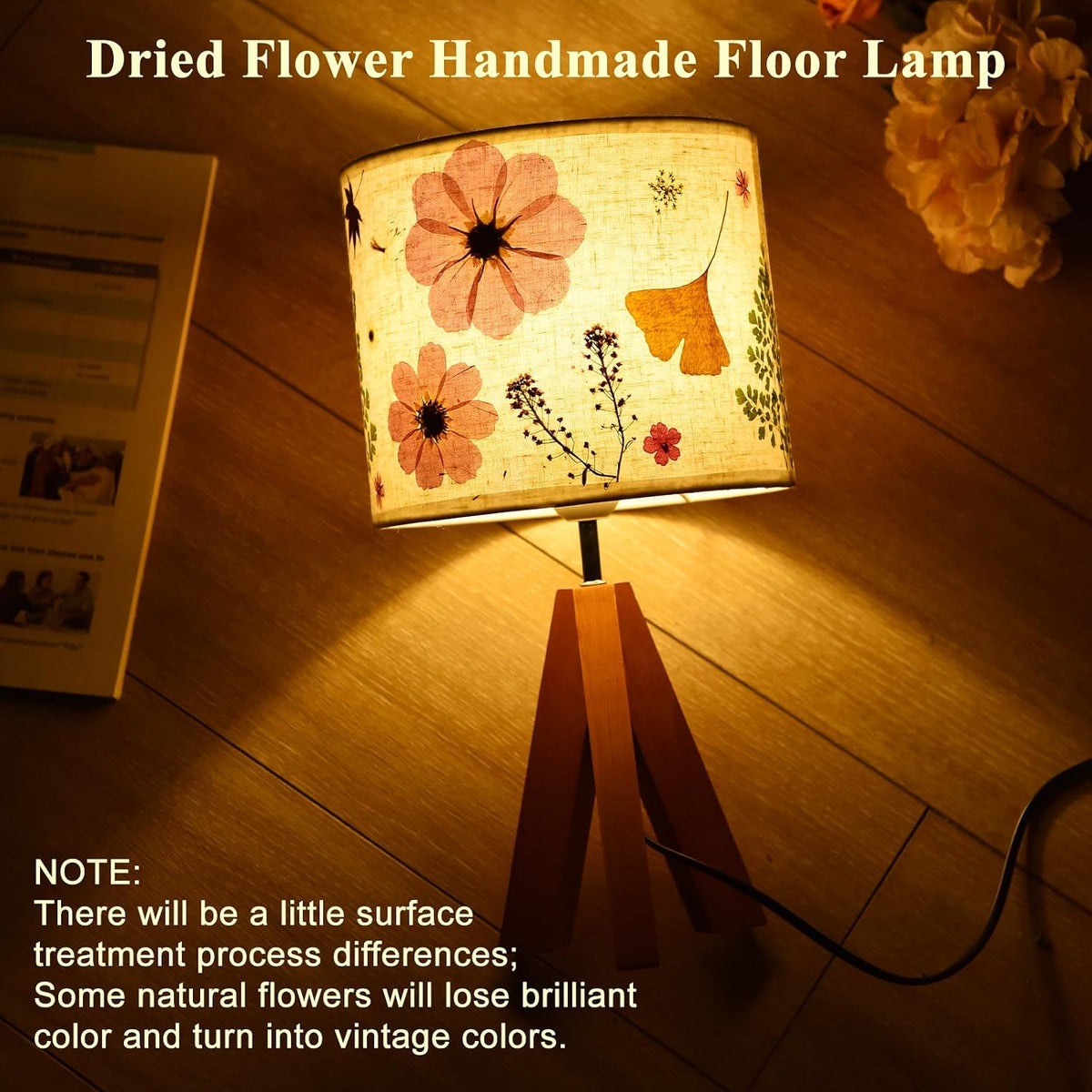 Dried Flowers Tripod Table Lamp 14.96in, 9W LED Dimmable Cute Bedside Lamp with Flowers Linen Lampshade, Kid Room