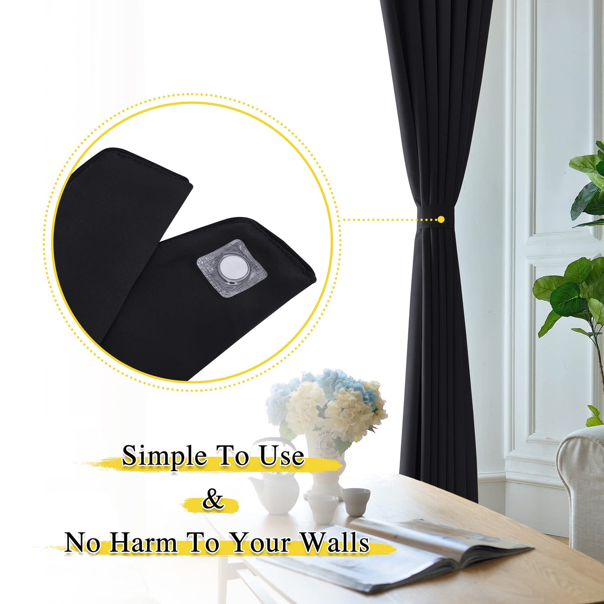 Strong Magnetic Curtain Tiebacks - Natural Decorative Curtain Ties Wide Straps Holdbacks for Modern Curtains (Black