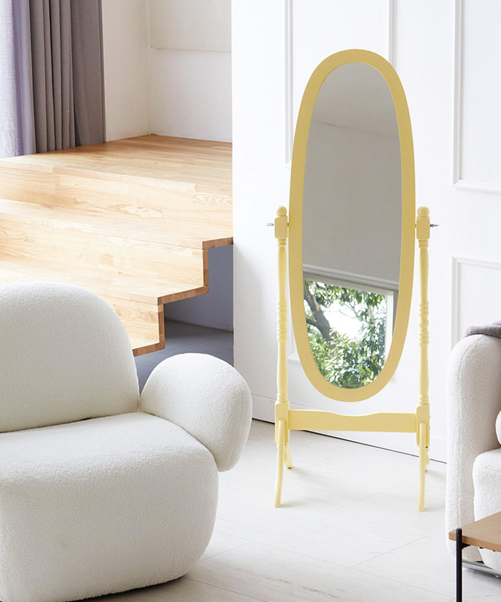 Swivel Adjustable Full-Length Oval Wood Cheval Stand Floor Mirror(Yellow)