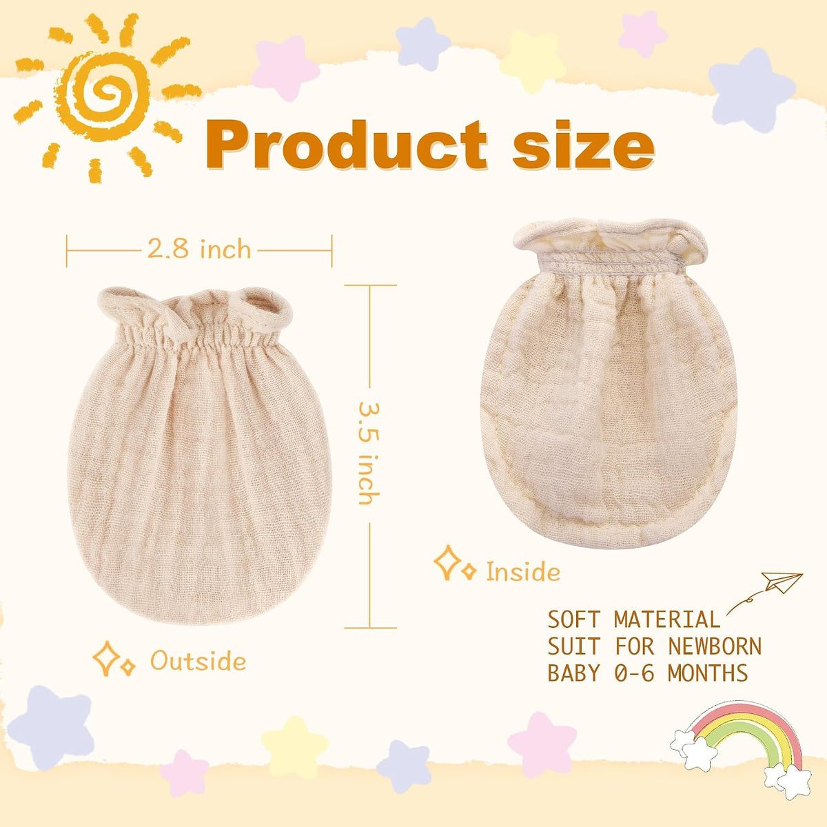 Muslin Baby Mittens, 100% Cotton No Scratch Soft Breathable Gloves for Boys and Girls