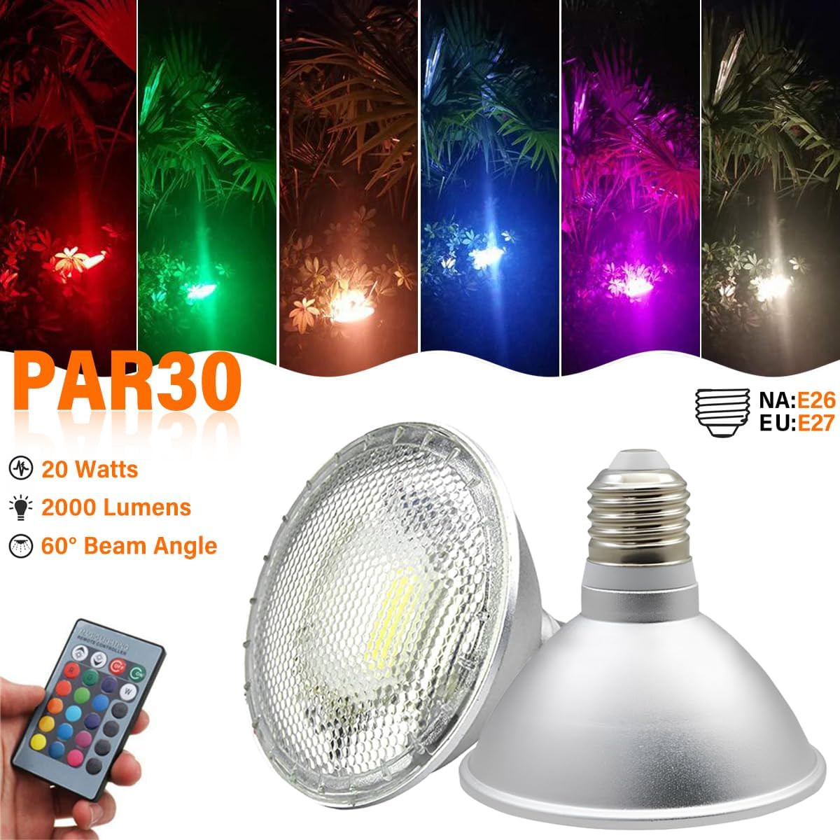 PAR30 Spotlight Bulb 20 Watt LED/COB Dimmable RGBW Color Changing Flood Light Bulb, with Remote Control, 85V-265V AC