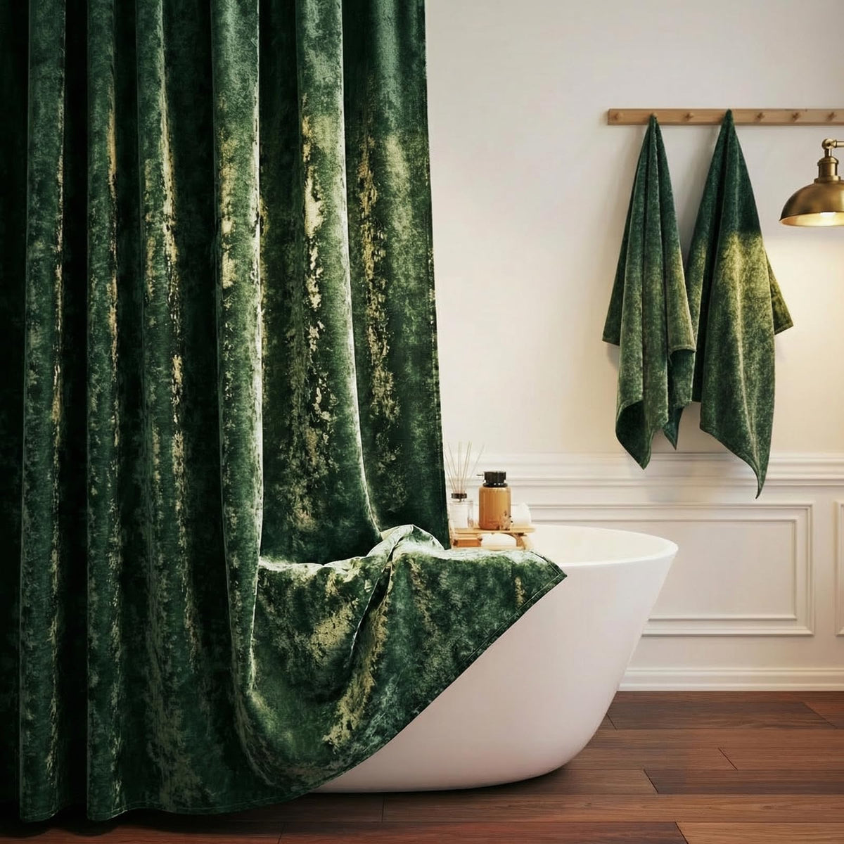 Extra Long Shower Curtain 84 inch Height, Crushed Velvet XL Shower Curtain Set with 12 Gold Hooks, Waterproof Thick