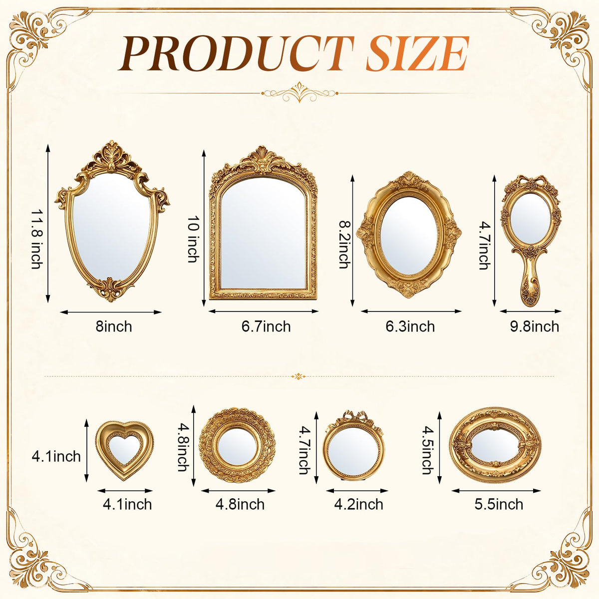 8 Pcs Vintage Gold Wall Mirror Set, 11in/10in/5in/3in, Elegant Style