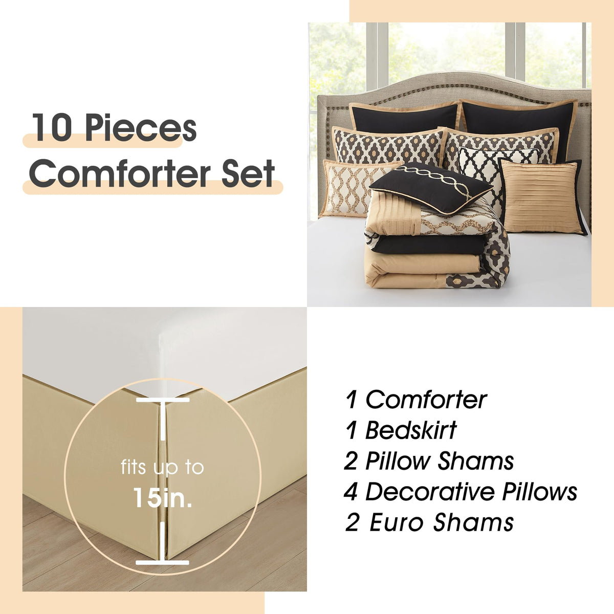 King Size Comforter Set, Black Gold, 10 Piece Bed in a Bag for All Seasons, Luxury Extreme Comfort Bedding Sets with