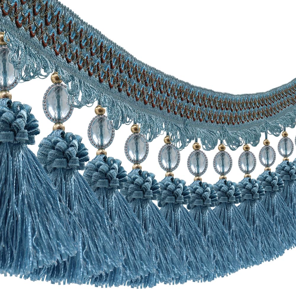 Pom Pom Curtain Fringe Trim Beads Ball Tassel Trimming Sewing Ribbon Upholstery Fabric (Blue) - 3yards