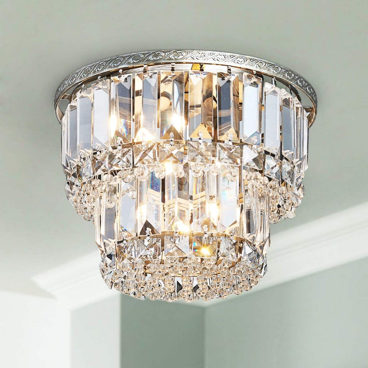 3-Light Two-Tier K9 Crystal Chandelier, Compact Modern Fixture for Dining Nooks