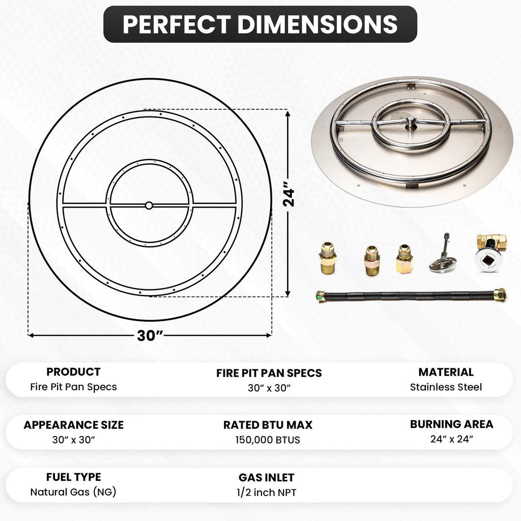 Stainless Steel Fire Pit Burner Pan Kit, NG, 30-Inch Burner Pan