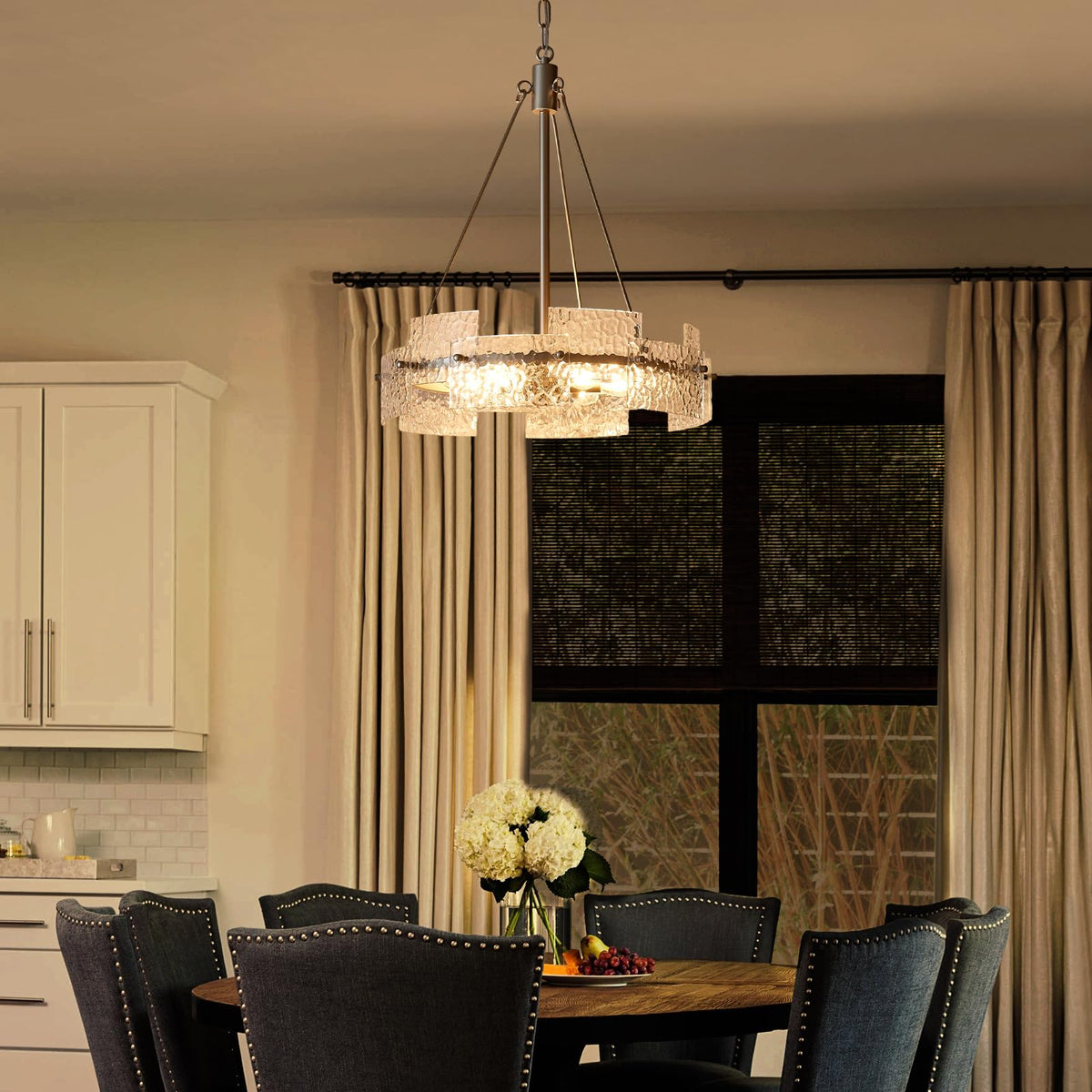Modern Farmhouse Chandelier 6-Light Silver Glass Drum Chandeliers 19.7" Height Adjustable Water Ripple Rustic Pendant