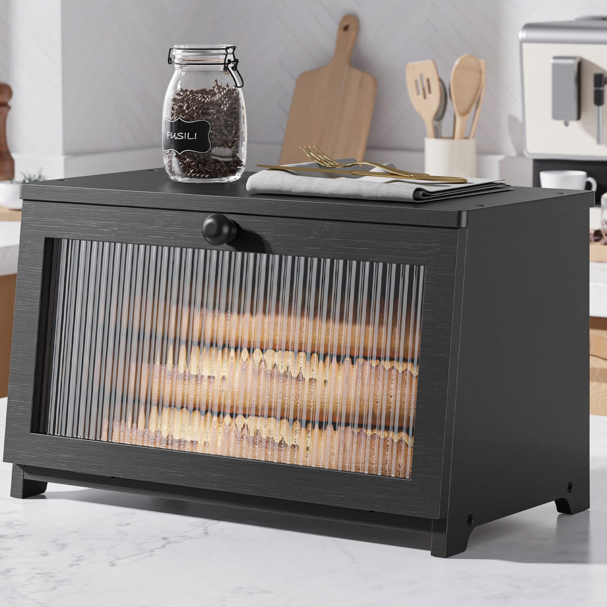 Bread Box - Wooden Countertop, 1-Tier, Black