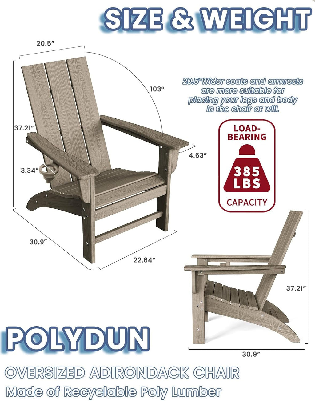 Modern Adirondack Chair with Cup Holder, HDPE Plastic Patio Chairs | Wood Texture Outdoor Chairs, Lawn Chairs for