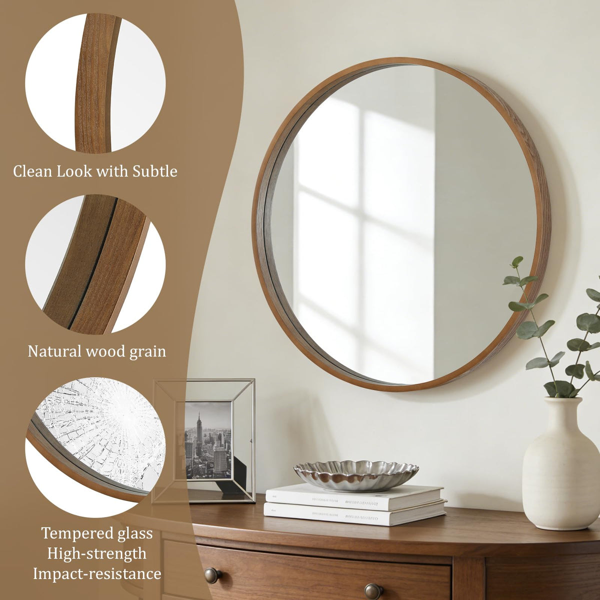 Circle Mirror with Wood Frame, 28" Round Modern Decoration Large Home Decor Mirror Living Room Bedroom Entryway (28"