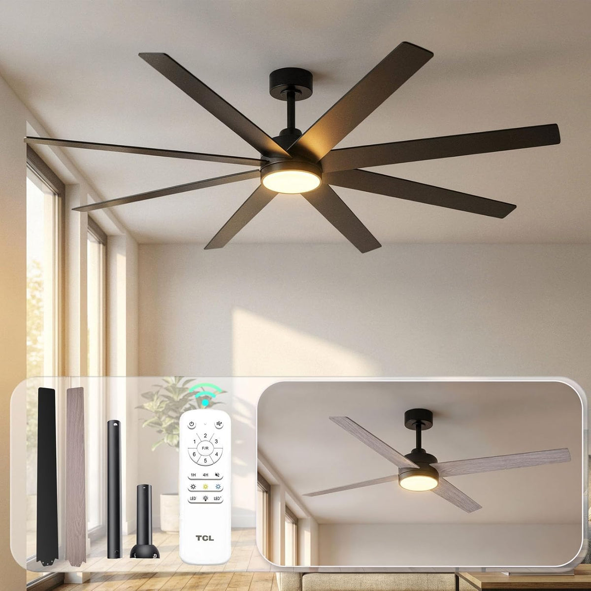 72 Inch Large Ceiling Fans with Lights and Remote, Quiet Modern Ceiling Fan