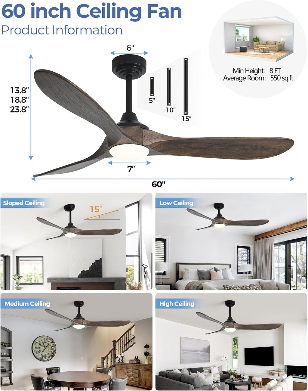 60" Wood Indoor/Outdoor Smart Ceiling Fan with Light & Remote