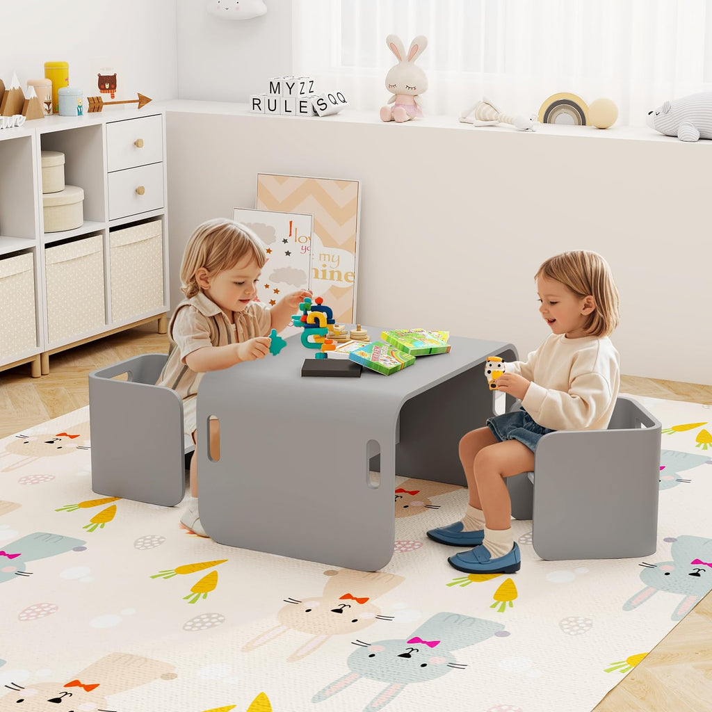Kids Table and Chair Set, All in 1 Birch Wood Activity Table, Bench, Storage Shelves, Desk for Children Reading