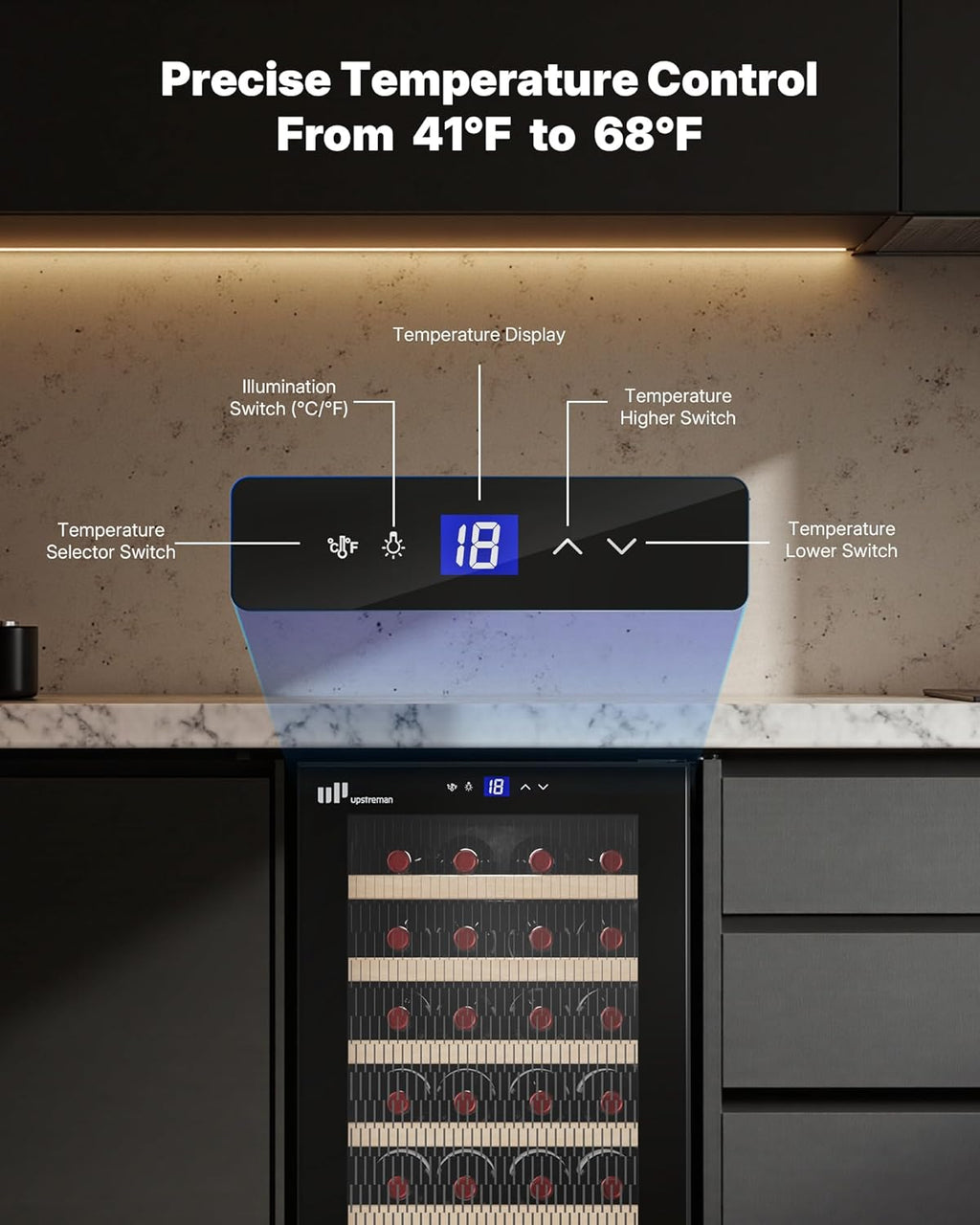 24 Bottle Wine Cooler Refrigerator, Compact Small Built-in or Freestanding Wine Fridge, 41-68°F Temperature Control