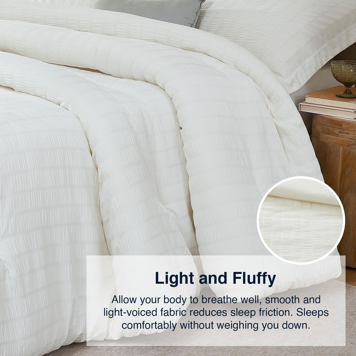 Beige Comforter Set - 3 Pieces Seersucker Lightweight Bedding Comforter Sets (1 Soft Fluffy Comforter & 2