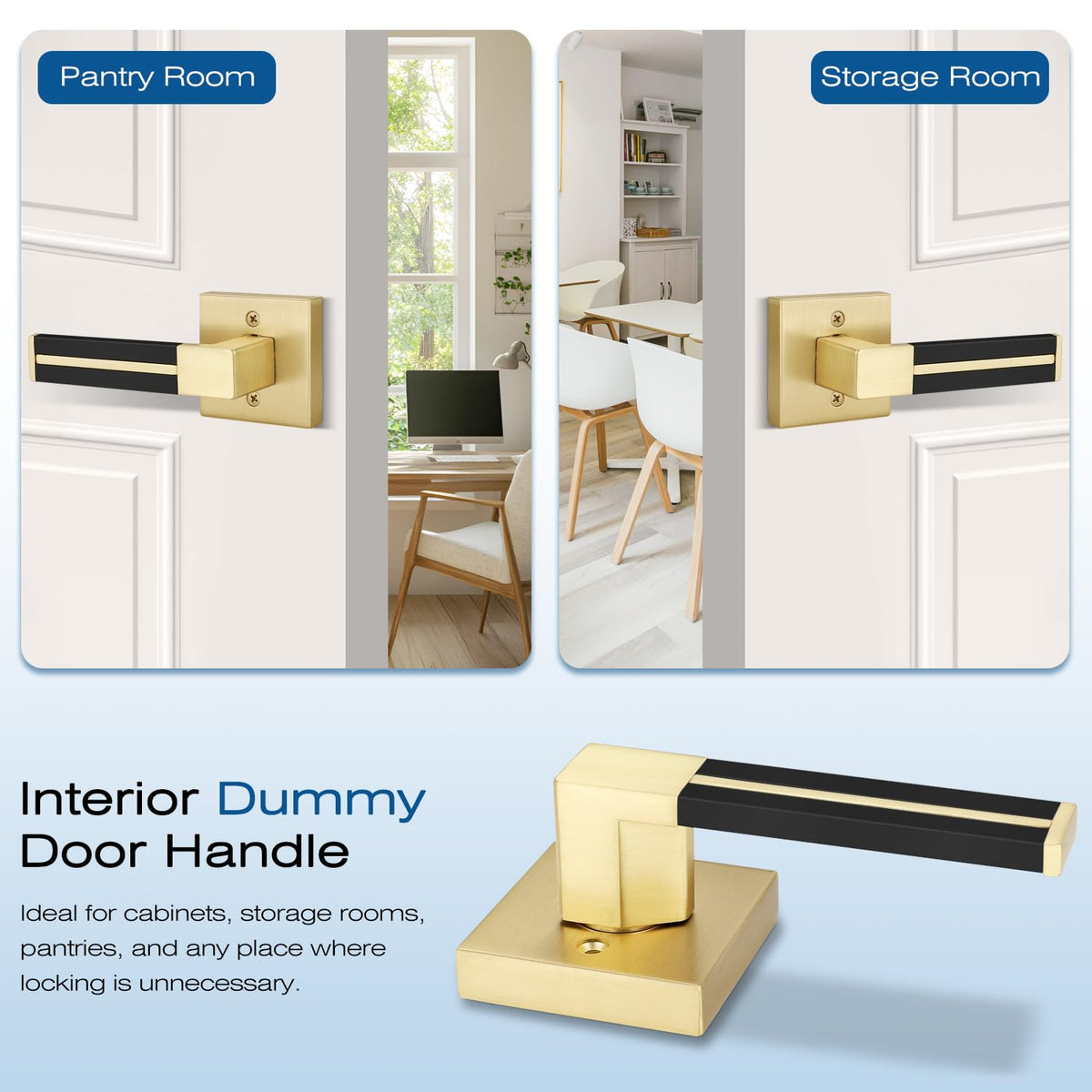 3 Pcs Gold Dummy Door Handles with Black Leather, Satin Brass